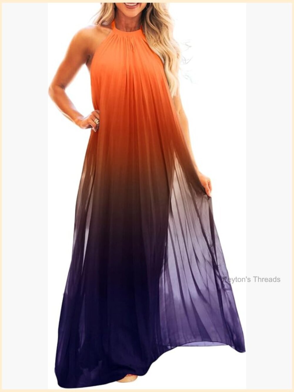 Casual Halter Sleeveless Pleated Long Maxi Dress Backless Ombre Chiffon Flowy